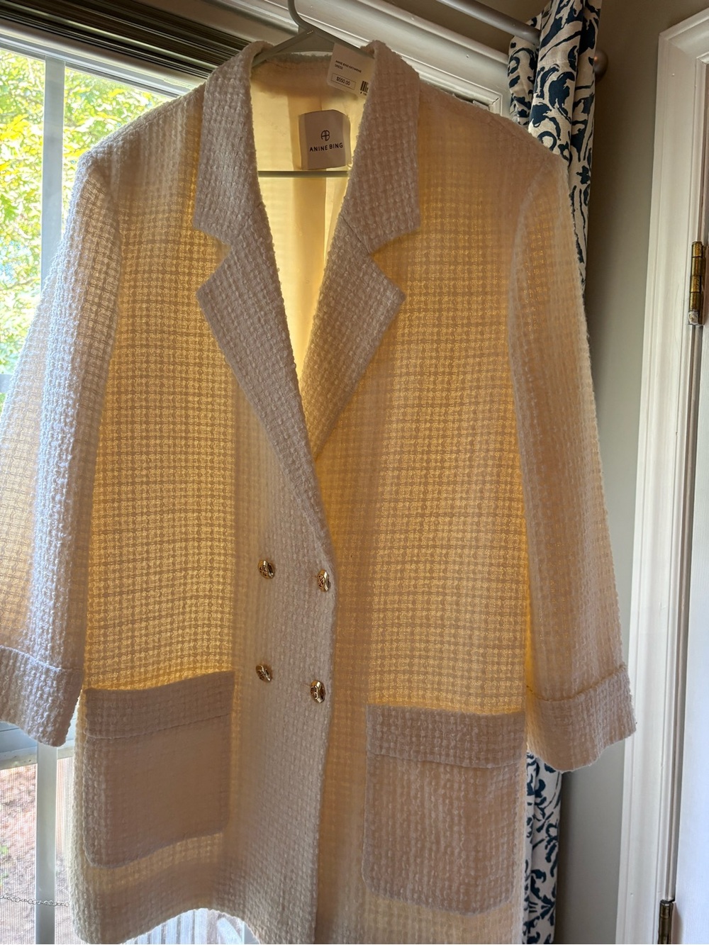 Anine Bing Ivory Bouclé Double-Breasted Blazer with Gold Buttons